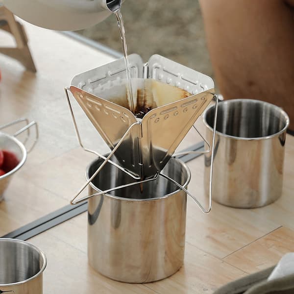 Bærbar sammenleggbar kaffetrakterstativ i rustfritt stål, universell reise, camping, sølv