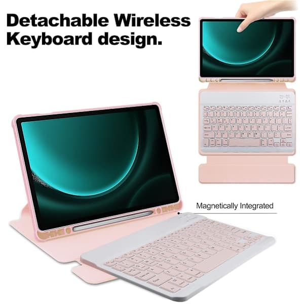Suojakotelo Samsung Galaxy Tab S9 FE Plus -mallille, Bluetooth-näppäimistöllä ja pyörivällä tabletin pidikkeellä, vaaleanpunainen Pink