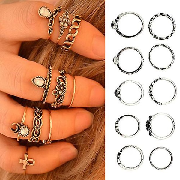 10 kpl/ set Naisten punk vintage tekojalokivestä kaiverrettu ontto midi set Silver
