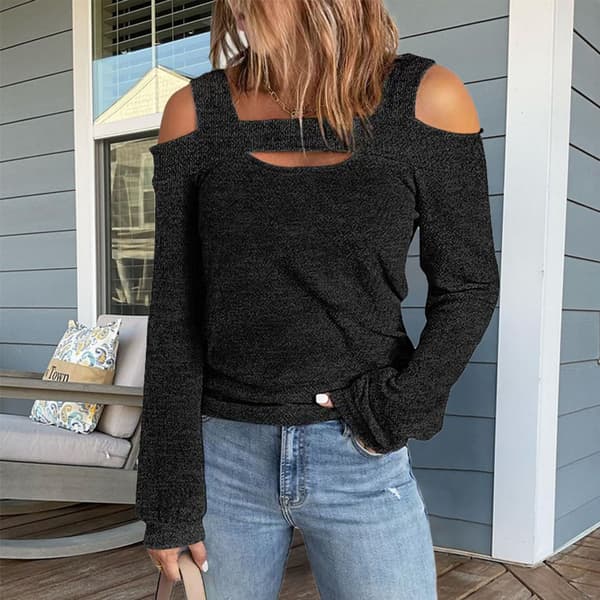 Dame Cold Shoulder Top Cut Out Design Ensfarvet Mode Langærmet Bluse til Hjemmeshopping Sort