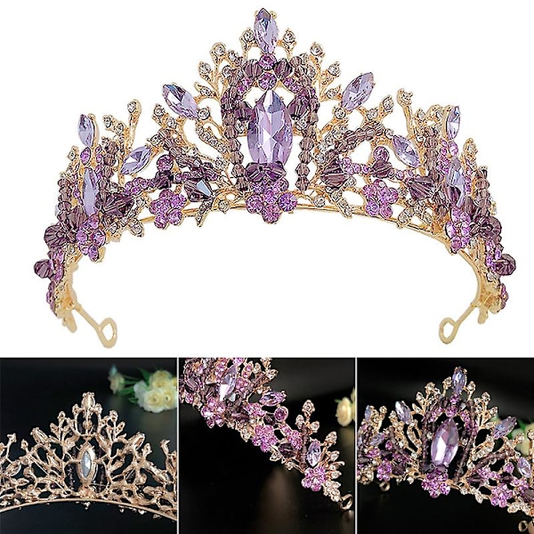 Brude Krone Hovedbeklædning Bryllup Fødselsdag Krone Hovedbeklædning Lilla Rhinestones Retro Luksus hår