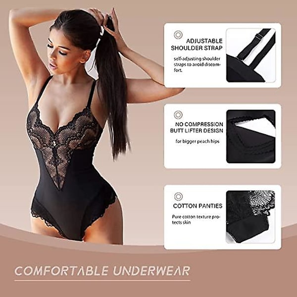 Bodysuit med blonder til kvinder, V-hals, rygløs kropsformer Black S