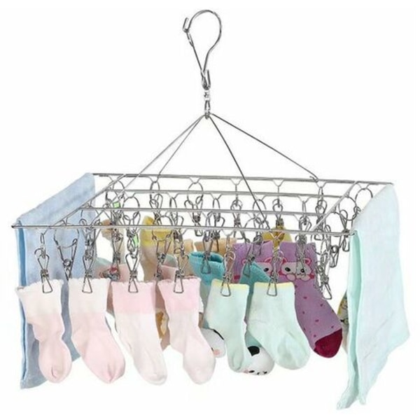 Socktork, torktumlare med 40 vindtäta klämmor i rostfritt stål för strumpor, underkläder, kläder, handdukar (1 hängare)