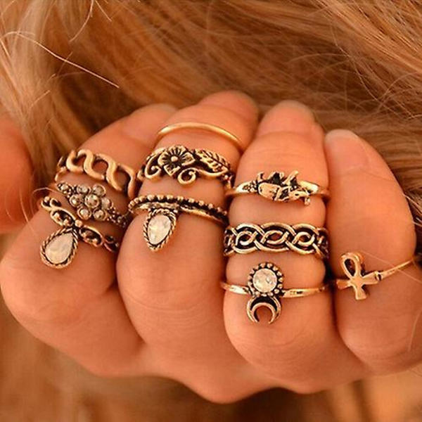 10 stk Kvinders Punk Vintage Hule Blomster smykker Midi Knuckle Ringe Sæt Gold