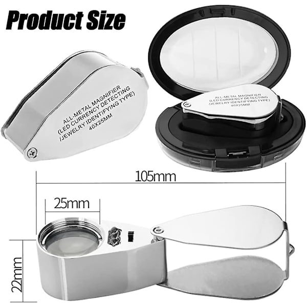 Jyome Metal Folding Jewellers -luuppi 40x LED-valolla valuutan ja lupetyypin tunnistamiseen