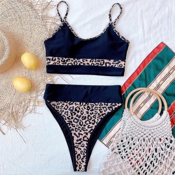 kvinnor Baddräkt High Waist Bikini Set Patchwork Sommar Beachwear Badkläder Leopard L