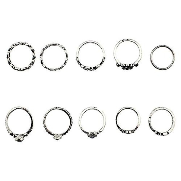 10 stk/sæt Dame Punk Vintage Rhinestone Etched Hollow Midi Knuckle Ring Set Silver