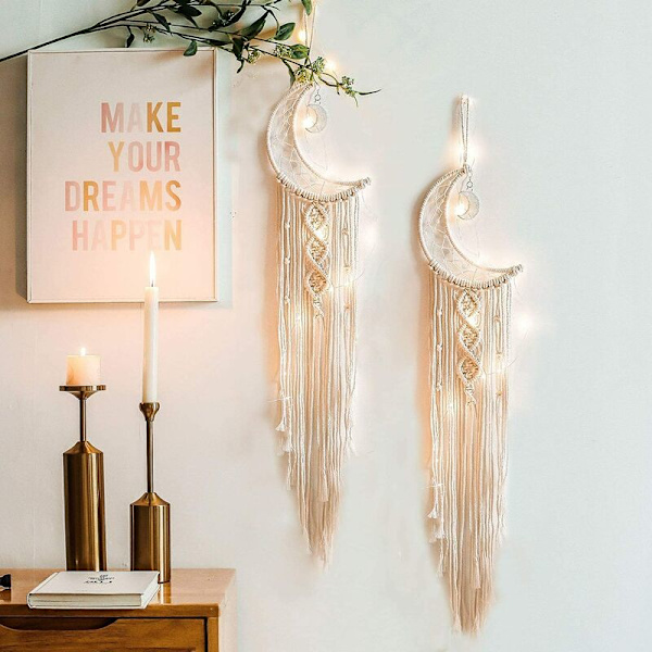 Boheemi makrame-seinäteline LED-valolla, puuvillaneulottu Dreamcatcher Moon -seinävaahto tupsuilla koristeet