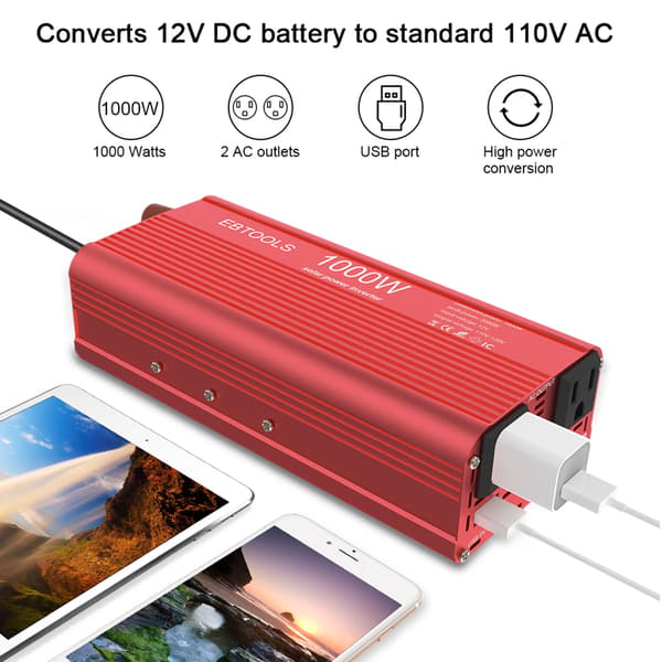 EBTOOLS 1000W 2000W Bilstrømomformer 12V DC til 110V AC med 2 uttak