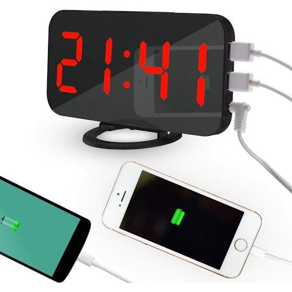 Digital väckarklocka med USB laddarport Väckarklocka Sminkrum Spegel Reselarm Skrivbord Sovrumsklocka Dimbar larm