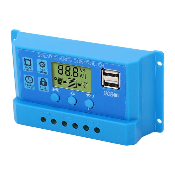 PWM Solar Charge Controller LCD-skærm Justerbare Parametre 2 USB-porte Blå 12V 24V