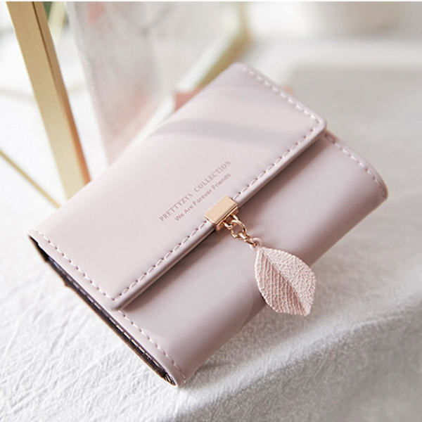 Liten plånbok För Kvinnor Rfid Flickor Plånbok Läder Vegan Löv Pendel Korthållare Organizer Blixtlås Myntväska A916-1149 Pink