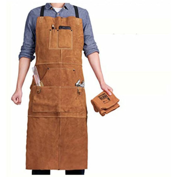 Svejseforklæde, arbejdsforklæde i okselæder med 6 lommer, 24" x 36" multifunktionelt madlavningsforklæde, justerbare brønde