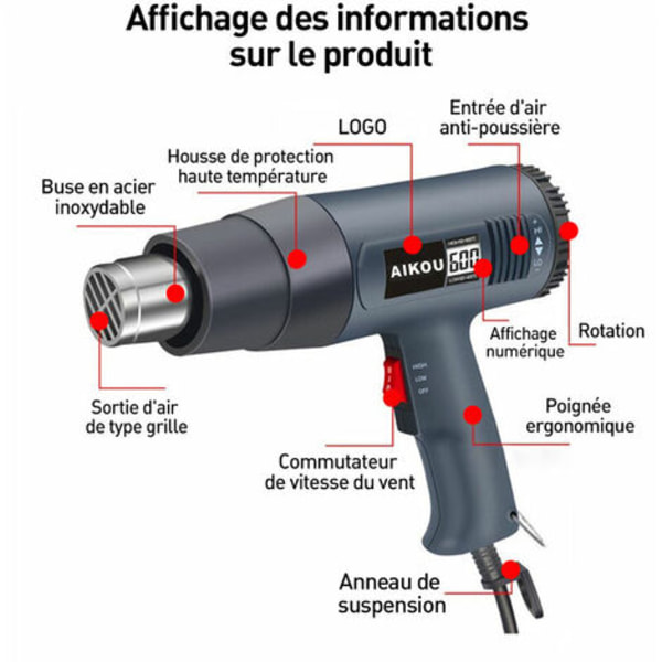 Värmepistol, varmluftspistol 1800W LCD digital display Temperatur 60 till 600 grader Celsius Snabb uppvärmning, luftflöde 300 till 550L