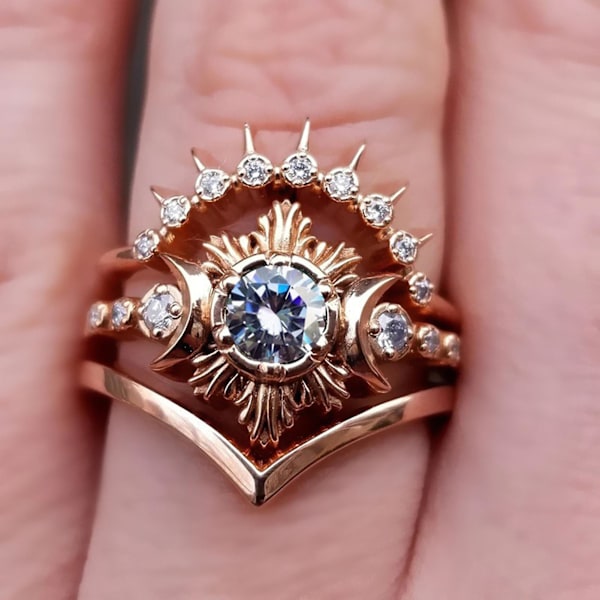 3st Kvinnor Ringar Månen Sol Stapelbara Smycken Bohemiska Långvariga Fingerringar För Dejting Rose Gold US 10