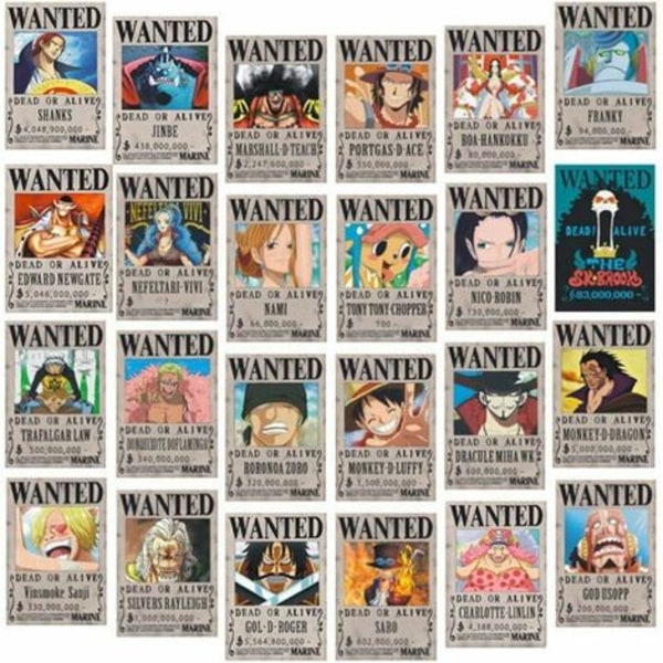 One Piece Wanted Posters 28,5 cm × 19,5 cm, New Edition Kraft Paper Poster, Luffy 1,5 Billion, Set om 24