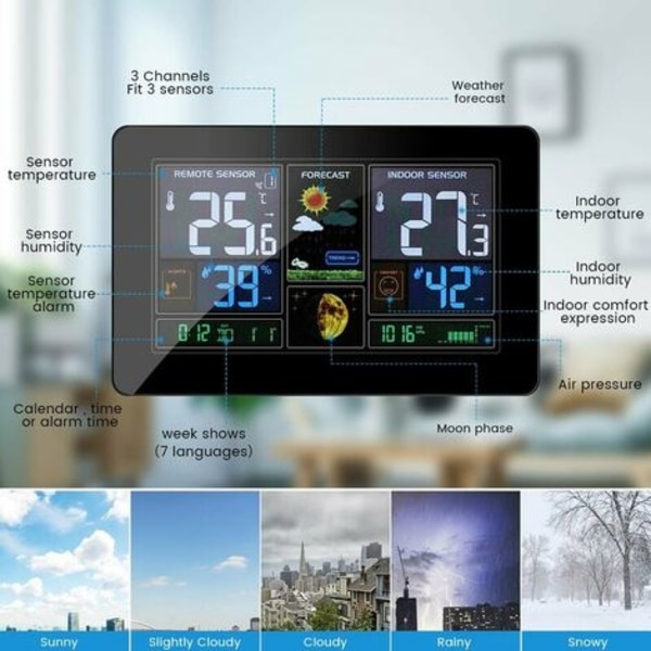 Väderstation med trådlös sensor DCF Radiotermometer Hygrometer Barometer Digital inomhus utomhus Månfas 9-i-1