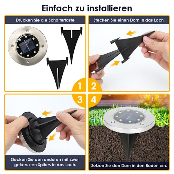 8X LED Solar Have Spotlight Solar Gårdsplads Lampe IP65 Udendørs Ground Spot Lampe Rustfrit Stål 8LEDs Cool White - Silv