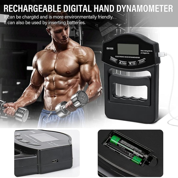 Grip Strength Tester, 396lbs/180kg Digital Hand Dynamometer Grip Strength Meter USB LCD-skärm Hand