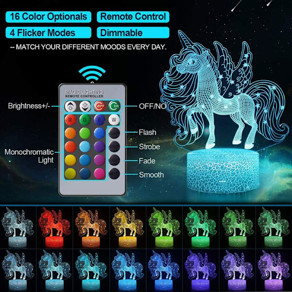LC-1169 svart bakgrund färgglad touch + 16 färger fjärrkontroll unicorn serie 3D nattljus touch fjärrkontroll co