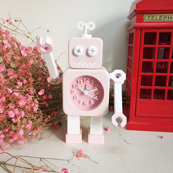 Børns tegneserie lydløst ur studiebord robot simpelt vækkeur, pink, 11*4*17cm,