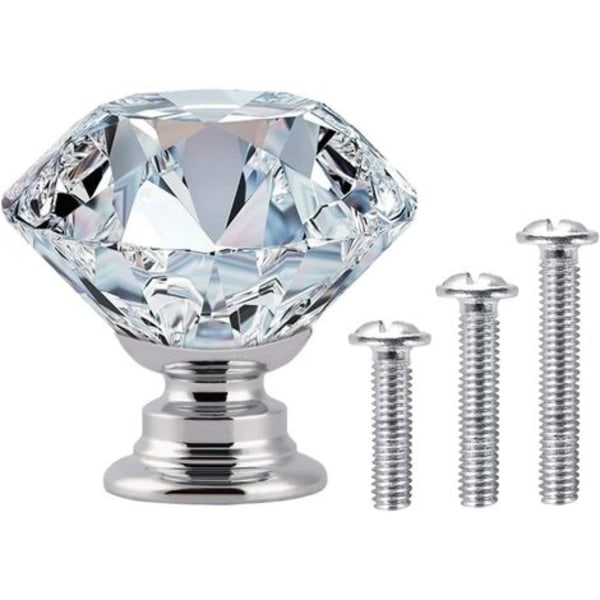 20 x skabsskuffedørhåndtag - klart krystalglas diamant + sølv base - 30 mm