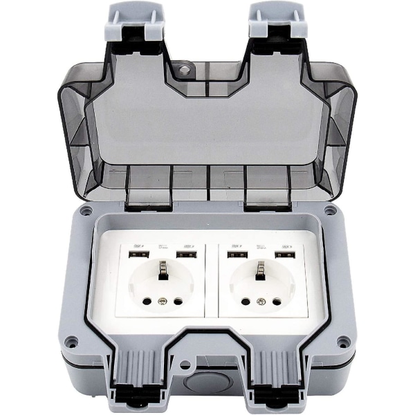 Ip66 Dubbeluttag Med USB portar - Vattentätt eluttag - Uttagsuttag - Ytmontering - Skyddskontakt