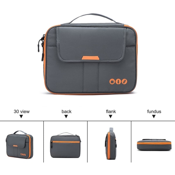 Universal Travel Cable Organizer Elektroniikkatarvikkeet Kantolaukku 9,7 tuuman Ipadille, Kindlelle, power Grey and Orange