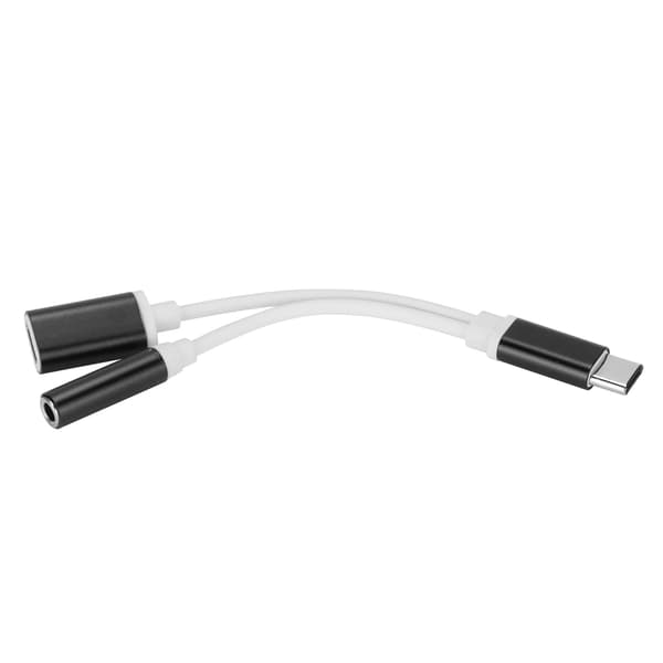 2 i 1 Type C til 3,5 mm Aux Audio Opladerkabel Adapter Hovedtelefonstik Sort
