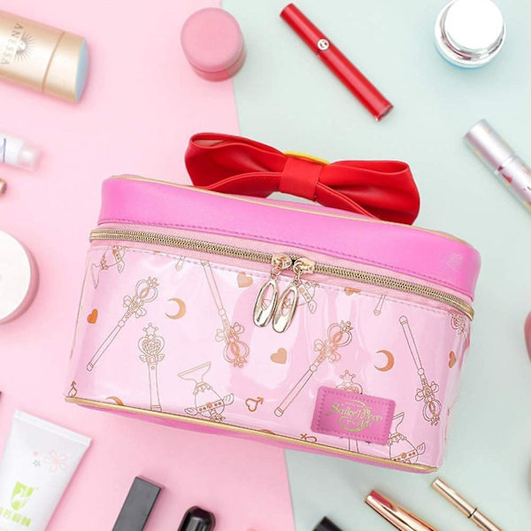 Sailor Moon Sminkväska Bärbar Resekosmetik Case Läder Makeup Organizer Present för tjejer Kvinnor, Rosa A916-968
