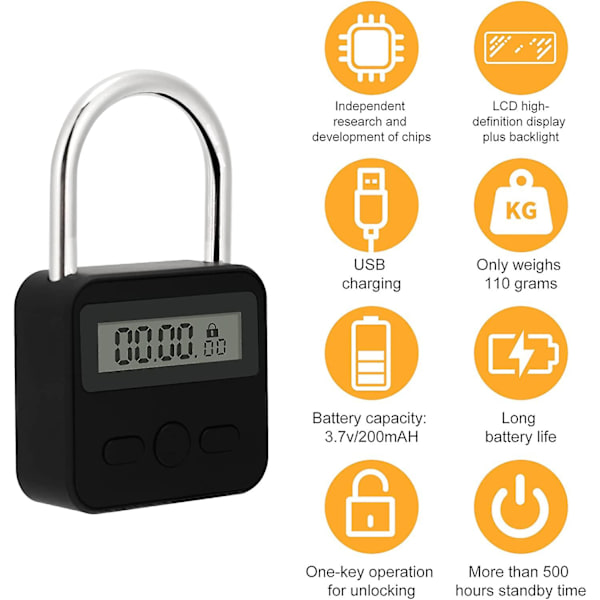 Smart Time Lock Max 99 timmars tidslås med LCD-skärm USB Uppladdningsbart säkerhetshänglås Kraftig metall elektroniskt timerlås (svart)