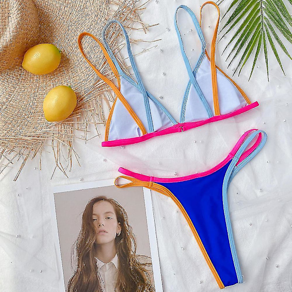 dam Color Block Baddräkt Bikini Set String sommar Beach Baddräkt Badkläder Blue M