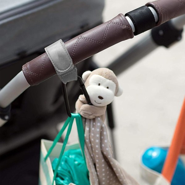 Barnvagnskrok, kardborrefäste Hooked Barnvagnskrok, Fickhållare Barnvagn Läderstil, Karbinhake Barnvagnsfäste för skötväska Grey