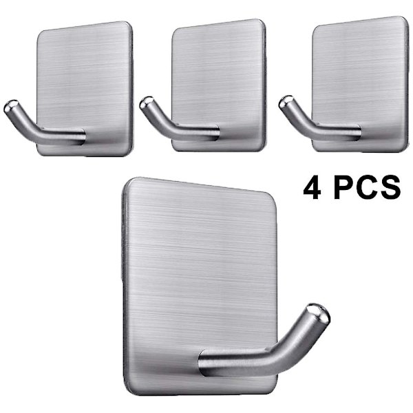 4 Pack selvklæbende kroge Rustfrit stål håndklæde frakke tøj kroge Silver