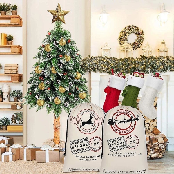 3 stykker julegavepose Julemandssæk Lærredstaske med snøre - Xmas Elk Express leveringstasker Ekstra stor størrelse 70 X 50 Cm