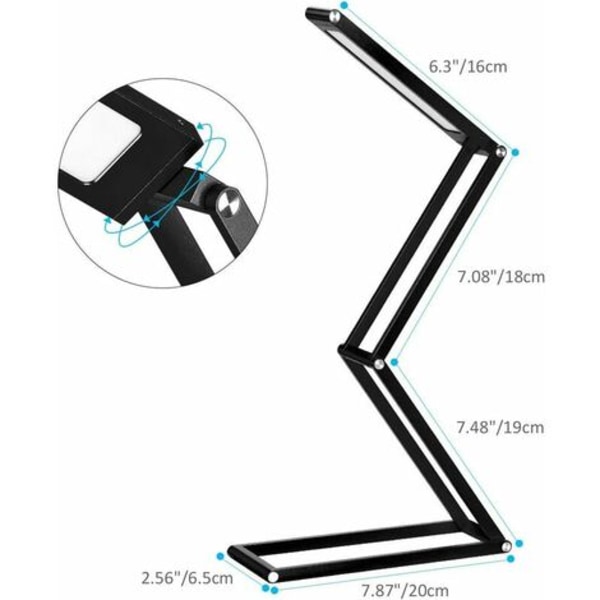 LED-bordslampa, hopfällbar trådlös USB uppladdningsbar bordslampa, vridbart lamphuvud, 3 dimbara lägen för sovrum, kontor, co