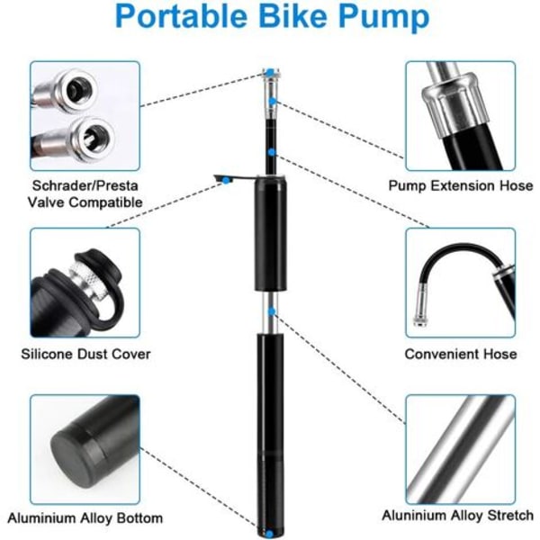 Cykelpump, mini högtryckspump 160PSI/11 barventil Passar Presta/Schrader lättviktshandpump av aluminiumlegering för väg