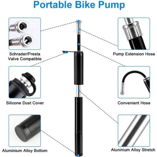 Pyörän pumppu, minikorkeapainepumppu 160 PSI/11 bar venttiili sopii Presta/Schrader kevyt alumiiniseoskäsipumppu tielle