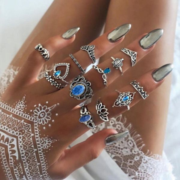 11/13/15 st snidade blomma Stapelbara knogringar Legering Bohemia Black Faux Gem Finger Ringar Smycken Tillbehör 2