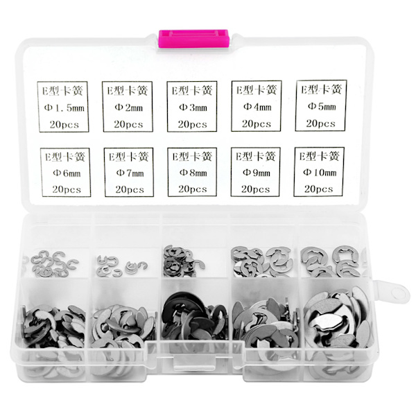Rustfrit stål E-clips sortiment 200 stk. M1,5 til M10