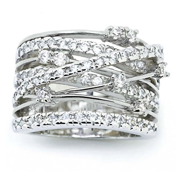Kvinder Rhinestone Indlagt Crossover Wide Band Finger Ring Bryllupssmykker Gift Silver US 8