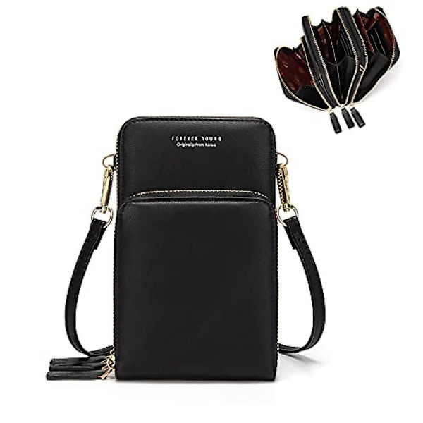 Liten Crossbody mobiltelefonväska för kvinnor, Mini Messenger Shoulder Handväska plånbok med kreditkortsfack A916-878 Black