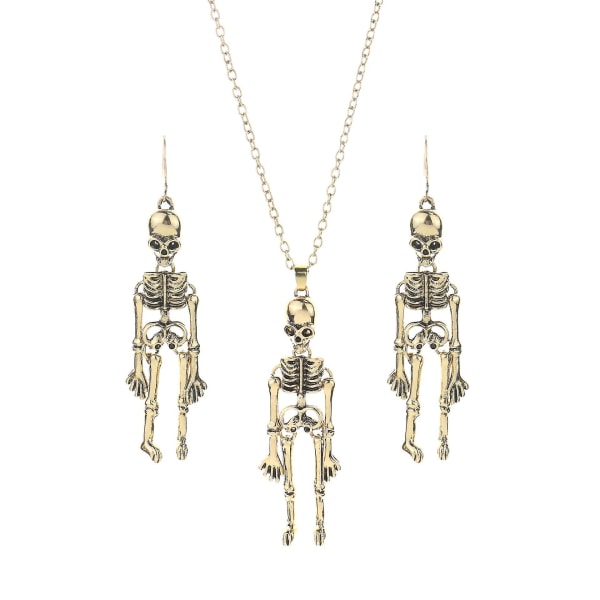 Halloween örhängen smycken mänskligt skelett hänge halsband + skalle örhängen Antique Gold