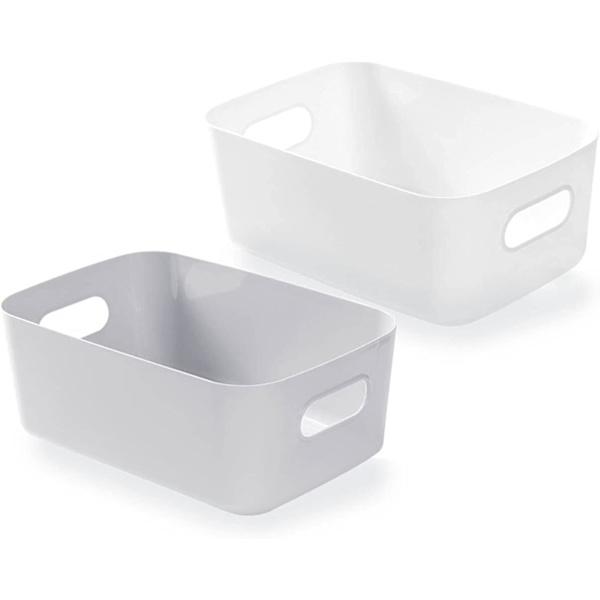 Sæt med 4 hvid plastopbevaringskurv, plastopbevaringskurv, plastikkurv med håndtag til stabelbare skabe, køkken, soveværelse, badeværelse, af