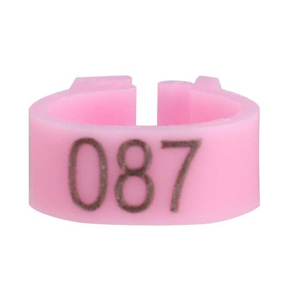 100 stk. 8 mm nummererede lyserøde plastik duefodringe 001-100