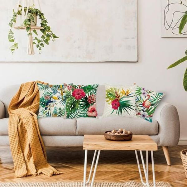 - Cover för utomhusbruk Tropical Flower Plant Flamingo Linne Case Cover 45*45cm