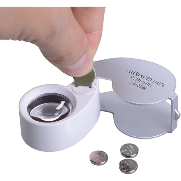 Vikbart fickförstoringsglas med ledljus för smycken, gemologi, diamant, numismatik, fillit, 40x