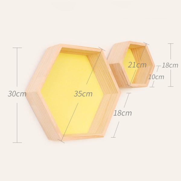 Massivt træ væghylde display hylde, honeycomb sekskantet form (stor, lille, gul)