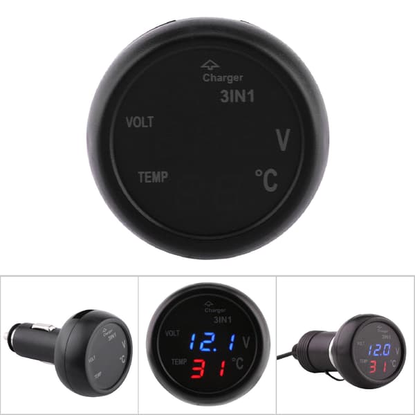 Dobbelt LED Digital Display Voltmeter Termometer Cigarettænder USB Biloplader (Blå, Rød)