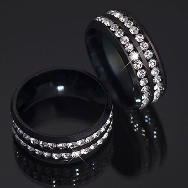 Ring Bred-bredde Fadeless Titanium Stål Dobbelt Rhinestone Unisex smykker til bryllupsfest Black US 11